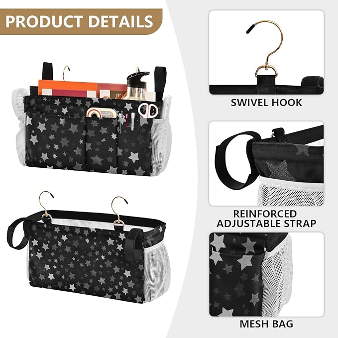 CuwrYet Bedside Caddy Hanging Bunk Bed Caddy Bed Organizer Hanging Pocket with 2 Hooks Bedside Storage Organizer Pocket Bag Holder Silver Stars Black