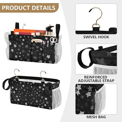 CuwrYet Bedside Caddy Hanging Bunk Bed Caddy Bed Organizer Hanging Pocket with 2 Hooks Bedside Storage Organizer Pocket Bag Holder Silver Stars Black