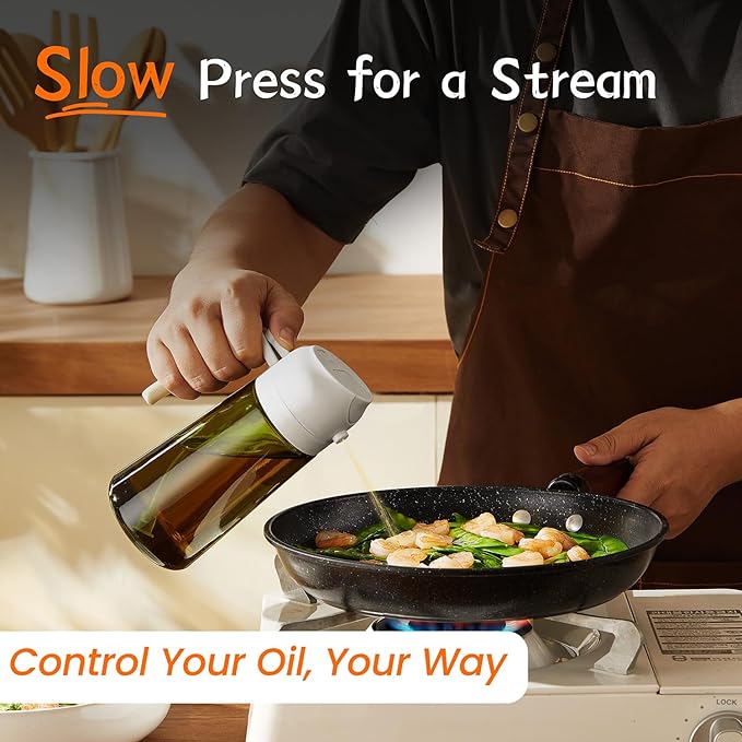 TrendPlain - 16oz Olive Oil Dispenser for Kitchen - 2 in 1 Olive Oil Dispenser and Oil Sprayer - Olive Oil Dispenser Bottle w/Stickers - Olive Oil Sprayer for Cooking 2Pcs White&Green (Light Blockage)