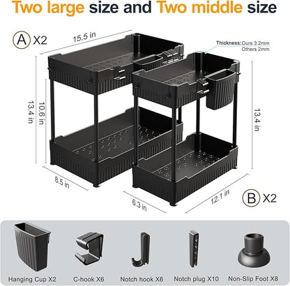 4 Pack Under Sink Organizer, Under Bathroom Cabinet Organizer with Hooks Hanging Cup, Multi-Purpose Storage Shelf for Kitchen Bathroom, Black