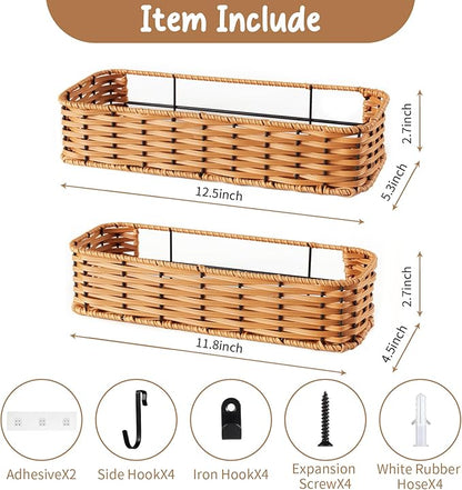 Hanging Wall Basket, Adhesive Wall-Mounted Organizer for Storage, 2-Pack Plastic Wicker Woven Storage Shelves for Kitchen Cabinets, Bathroom, Pantry, Brown Color
