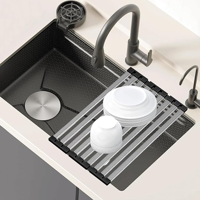 TIKNIK 21.5" X 13" Dish Drying Rack, Over Sink Drying Rack, Kitchen Roll Up 304 Stainless Steel Drain Rack, Roll Up for Kitchen and RV Sinks, Black