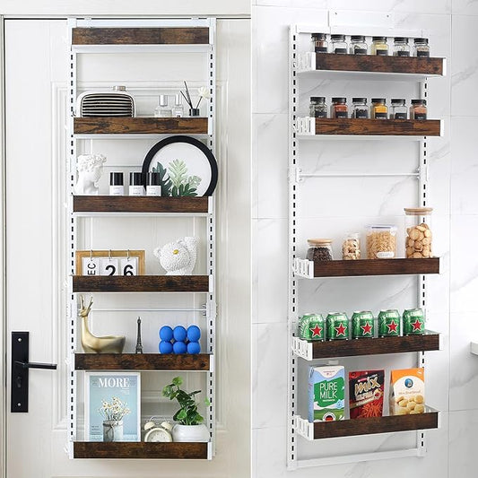 Over-The-Door Organizer – 6-Tier Wooden Pantry Storage Shelf with 12 Hooks, Wall-Mount or Hanging Spice Rack for Kitchen, Bathroom, or Closet