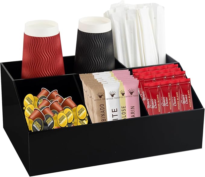 Coffee Bar Station Organizer for Countertop, Acrylic Coffee Pods Sugar Packets Tea Bags Storage Basket for Countertop, Black