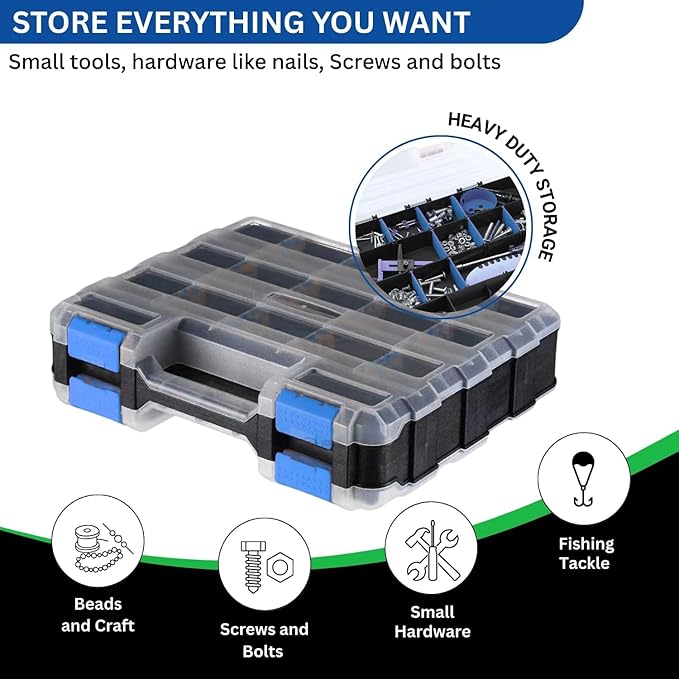 Andalus Tools Organizer Box, Small Parts Storage 34-Compartment Double-Sided Portable Hardware Organizer Removable Plastic Dividers for Screws, Nuts, Bolts, Nails – Blue (1 Pack, 12.5" x 10.5" x 3")