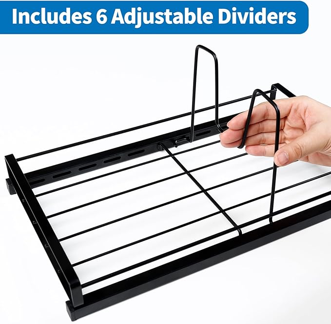 GAGUIUP Premium Adjustable Kitchen Bakeware and Pan Organizer - Food Container Lid Organizer Ideal for Cabinet, Drawers, Cupboard, Pantry Storage, Matte Black
