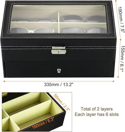 PATIKIL Sunglasses Organizer for Women Men, 12 Slot Leather Eyeglass Display Case Holder with Drawer Double-Layer Eyewear Storage Box, Black