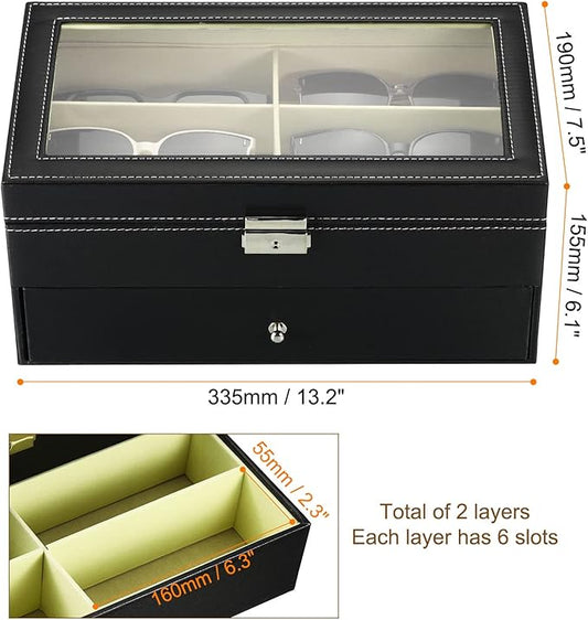 PATIKIL Sunglasses Organizer for Women Men, 12 Slot Leather Eyeglass Display Case Holder with Drawer Double-Layer Eyewear Storage Box, Black