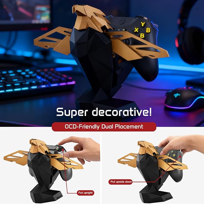 Controller Holder for Xbox/PS/Switch – Celebrity Black & Gold Eagle Stand, Auto-Spreading Wings, Dual Placement, Scratch-Free Curved Tail Design