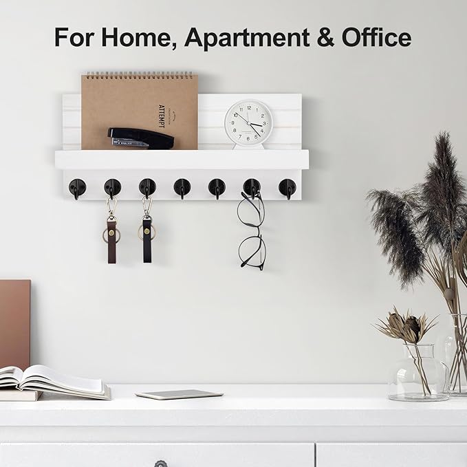 Key Holder Wall Mount, Entryway Key and Mail Holder with 7 Sturdy Hooks for Sunglasses, Dog Leash, Decorative Wall Shelf with Mounting Hardware, 15”W x 6.7”H x 4.2”D (White)