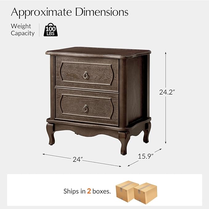 HULALA HOME Nightstand Set of 2 with 2 Drawers of Sculpted Drawer Front, French End Table with Curved Tabletop, Vintage Night Stand with Charging Station, Solid Wood Legs(Walnut)