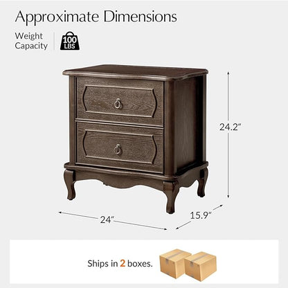 HULALA HOME Nightstand Set of 2 with 2 Drawers of Sculpted Drawer Front, French End Table with Curved Tabletop, Vintage Night Stand with Charging Station, Solid Wood Legs(Walnut)