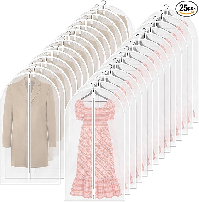 TORONTOKYO 25 Pack 55" Hanging Clear Plastic Garment Bags with Zipper Translucent Long Dress Bags Clothes Cover for Closet Storage and Travel