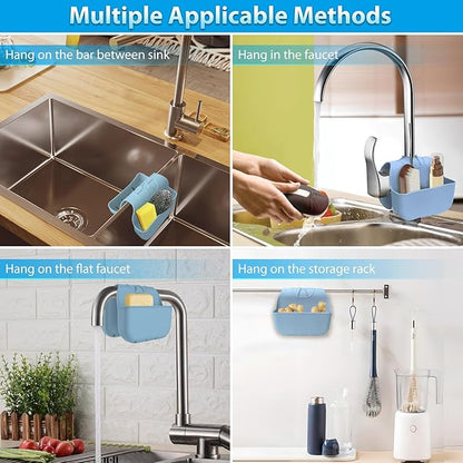 OKeanu Sponge Holder for Kitchen Sink, Silicone Sink Saddle Caddy Organizer Rack, Sponges Holder Over Faucet, Hanging Kitchen Organizer Accessories Rack Basket - Light Blue