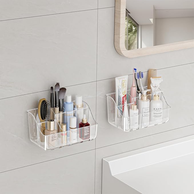 2-Pack Clear Wall-Mounted Toothbrush Holders, Tooth Brush & Toothpaste Holder for Bathroom Countertop or Wall