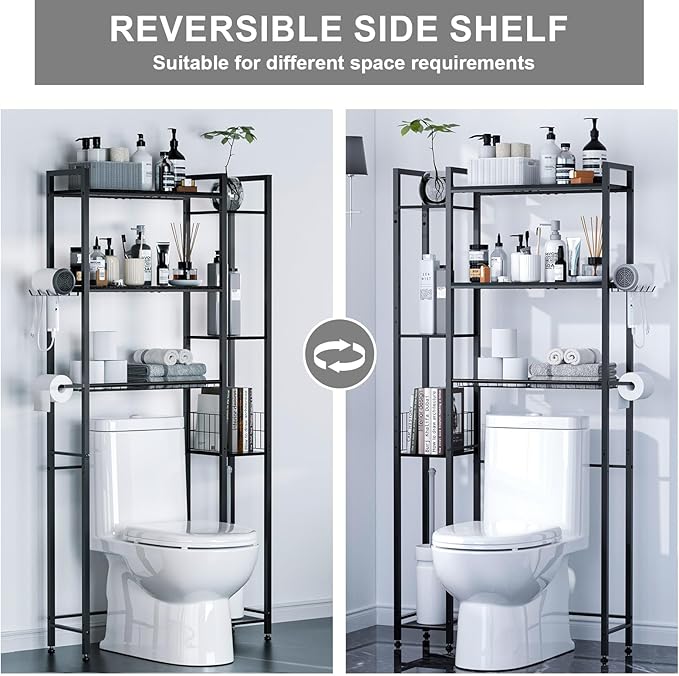 QOOIE Over The Toilet Storage with Wooden Shelves and Side Rack, 7-Tier Black Over Toilet Bathroom Organizer Freestanding Storage Shelf for Toilet Paper, Towels, Toiletries, 31.5" Wide
