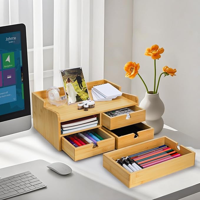 Bamboo Desk Organizer with Drawers, Small 3 Tier Desktop Drawers for Countertop, Mini Tabletop Storage Containers with Anti-scratch Pads for Home Office Supplies Makeup, No Assembly Required