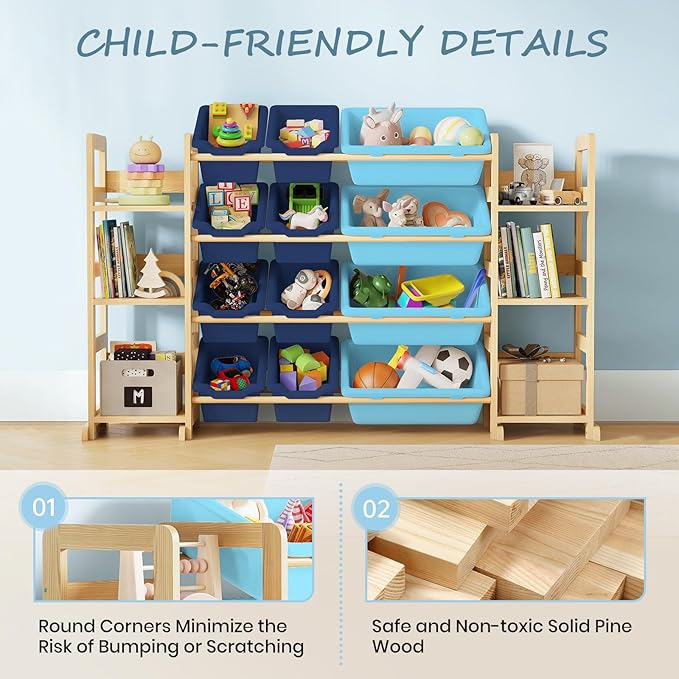 Extra Large Toy Storage - Toy Storage Organizer, Wooden Toy Organizer with 6 Side Shelves and 12 Bins, 3-in-1 Bookshelf for Kids Rooms, Playroom, Nursery, Blue