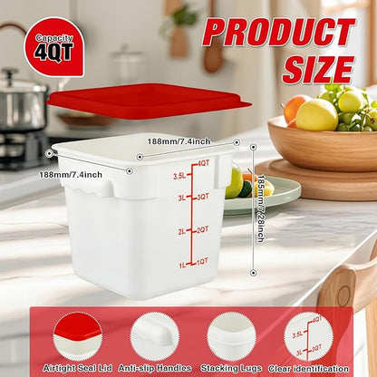 WELKOR Square Food Containers with Lids 4-Pack, Commercial Grade Airtight Plastic Bins for Restaurant Kitchen Pantry Storage, Freezer & Dishwasher Safe (Red, 4QT-4PACK)