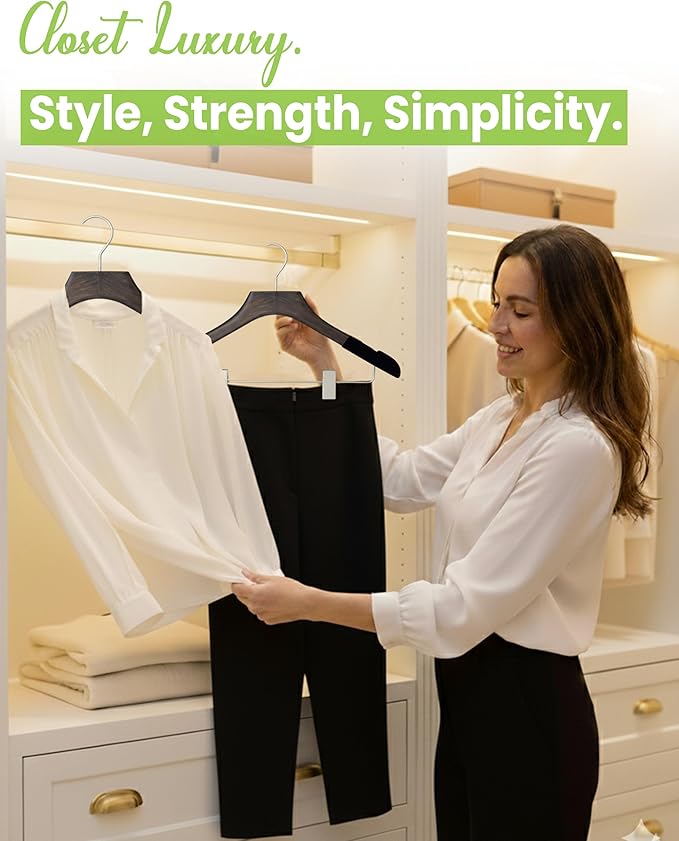 All Hung Up Hangers - Wooden Hangers with Clips for Women, Solid Wood Skirt & Suit Hangers, Heavy-Duty Adjustable Non-Slip Design with Velvet Grip, Mahogany with Black Velvet, 12 pcs