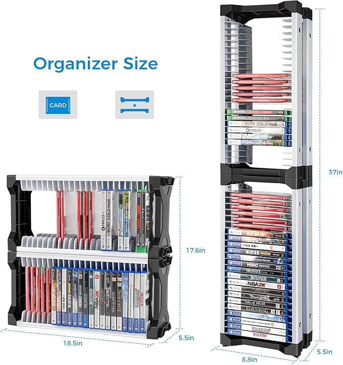 ASFSKY Game Storage Tower - 48 Games Video Game Organizer & Holder with 2 Controller Hooks, Universal Video Game Storage Compatible with PS5/PS4/Xbox/Switch（46Pcs）