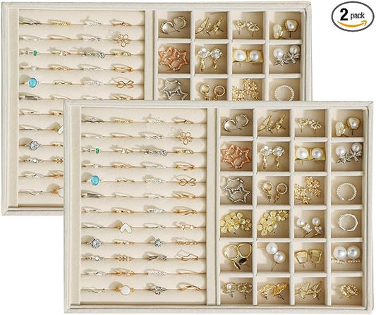 KATISYIO Large Velvet Jewelry Tray 2 Pack Stackable Jewelry Display Drawer Inserts Trays Organizer for Earring Bracelet Necklace Ring (Beige, Ring and 24 Grids)
