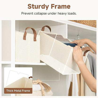 StorageWorks Storage Bins, Shelves Baskets for Organizing, Fabric Closet Organizers with Handles, Metal Frame, Beige（Texture）, 2-Pack