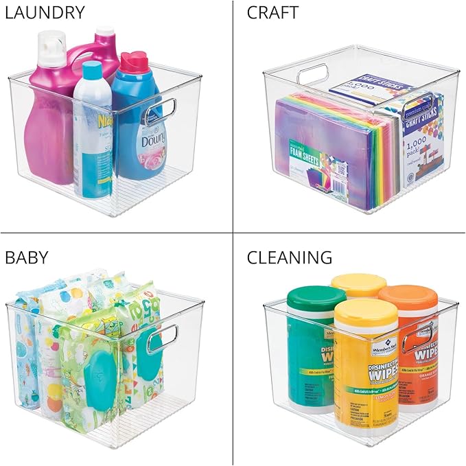 mDesign Plastic Deep Home Storage Organizer Basket Bin with Handles for Cube Furniture Shelving in Office, Closet, Bedroom, Laundry Room, Nursery, Kids Toy Room Shelf - Ligne Collection, 8 Pack, Clear