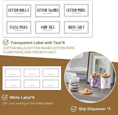 3 Pack Qtip Holder Dispenser with Bamboo Lids - 10 oz Clear Plastic Apothecary Jar Containers for Vanity Makeup Organizer Storage - Bathroom Accessories Set for Cotton Swab, Ball, Pads, Floss