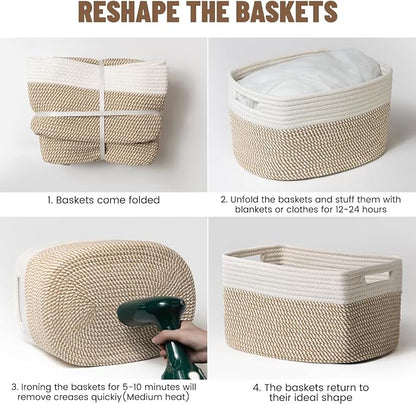 5 Pack Woven Storage Baskets for Shelves, Decorative Basket Organizer Storage Bins for Toys, Books, Clothes, Closet, Nursery, Bathroom – Cotton Rope Shelf Baskets for Organizing, Khaki & White