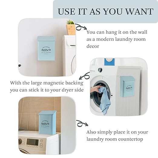 Magnetic Lint Bin for Laundry Room, Metal Trash Can with Lid for Dryer, Farmhouse Lint Holder, Laundry Co Sign, Laundry Room Storage Decor with Dryer Lint Brush (Mint)