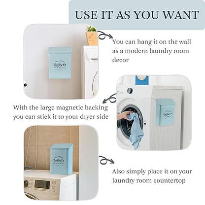 Magnetic Lint Bin for Laundry Room, Metal Trash Can with Lid for Dryer, Farmhouse Lint Holder, Laundry Co Sign, Laundry Room Storage Decor with Dryer Lint Brush (Mint)