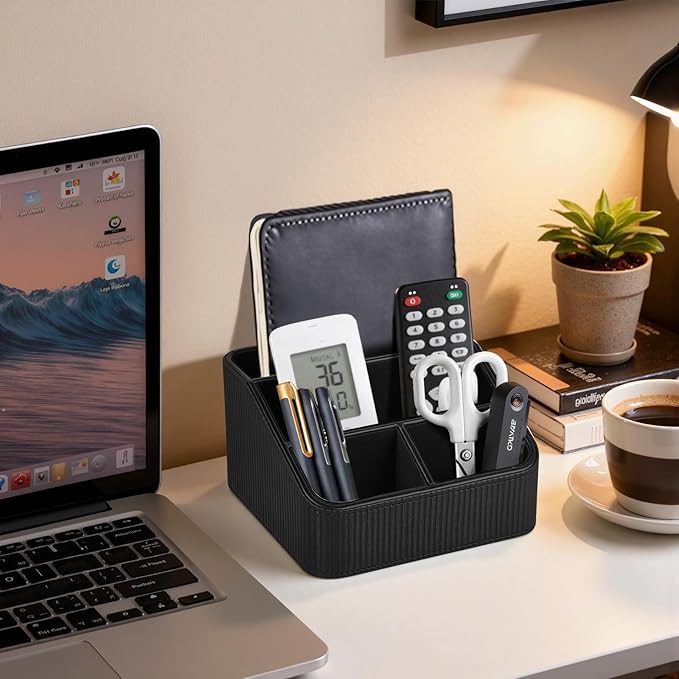 ACUDUDOMA PU Leather Remote Control Organizer Holder, 4-Compartment Small Desk Organizer, All-in-One Desk & Nightstand Caddy for Remotes, Phones, Glasses & Office Accessories