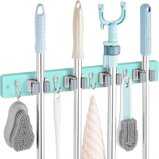 Turquoise Mop Broom Holder Wall Mount with 4 Slots & 4 Hooks - Wood Broom Mop Hanger for Pantry Closet Laundry Room Organization - for Teal Kitchen Decor and Accessories