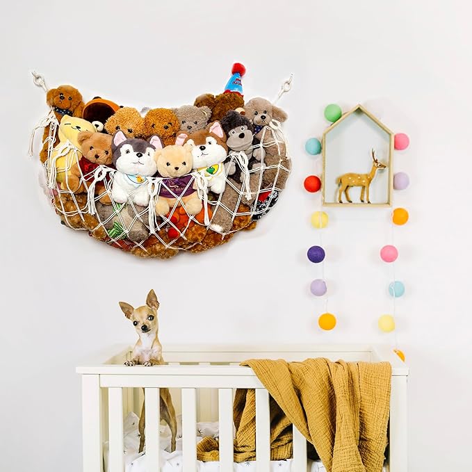 Stuffy Animal Net for Stuffed Animals Storage Hammock Macrame Stuffed Animal Toy Display Plush Toy Holder Wall Hanging Net for Stuffed Animal Display (Cream,49" W)