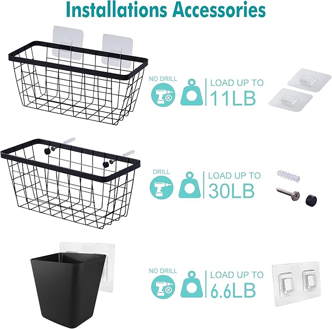LIGHT DUST Wall Hanging Baskets - 8 Set Black Baskets & Cups Wire Basket Metal Wall Organizer Bins for Kitchen Pantry Cabinet Bathroom Shower Door RV [Included Adhesive Hooks & Mounted Screws]