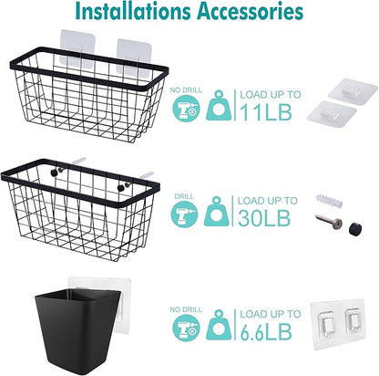 LIGHT DUST Wall Hanging Baskets - 8 Set Black Baskets & Cups Wire Basket Metal Wall Organizer Bins for Kitchen Pantry Cabinet Bathroom Shower Door RV [Included Adhesive Hooks & Mounted Screws]
