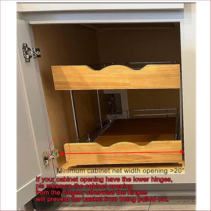 DINDON 2 Tier Pull Out Cabinet Organizer (20" W x 21" D) Slide Out Wood Shelf Double Tier Kitchen Wire Basket with Chrome Finish…