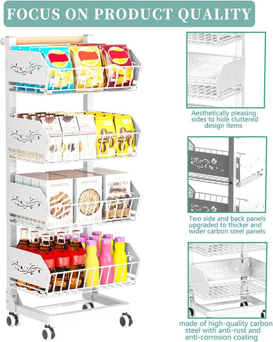 Heavy 4-Tier Snack Cart with Wheels ，Removable Rolling Pantry Floor Organizers ，Upgraded Wider and Thicker, Kitchen Fruit Basket Stand and Storage Rack for Fruit Snack Onion Potato