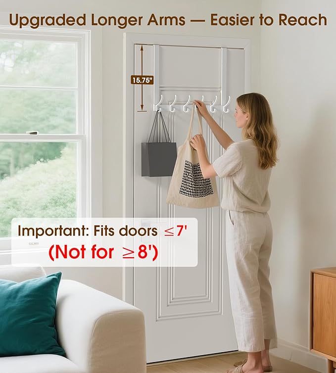 KitchLife Long Over The Door Hooks Hanger with 15.75" Extended Arms, Fits 1 3/4" Doors, F40U, 6 Double-Hanger Design Thickened Heavy Duty Bathroom Towel Rack Organization, Glossy White, 1 Pack