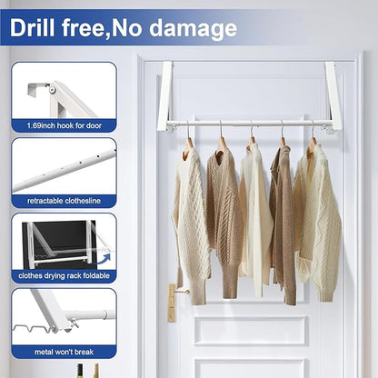 HOME RIGHT Over The Door Clothes Hanger,1.69 Inch Door Hook for Over The Door Drying Rack,Foldable Retractable Overdoor Hanger Hook for Bathroom,Laundry Room,Apartament and Bedroom
