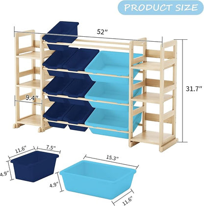 Extra Large Toy Storage - Toy Storage Organizer, Wooden Toy Organizer with 6 Side Shelves and 12 Bins, 3-in-1 Bookshelf for Kids Rooms, Playroom, Nursery, Blue
