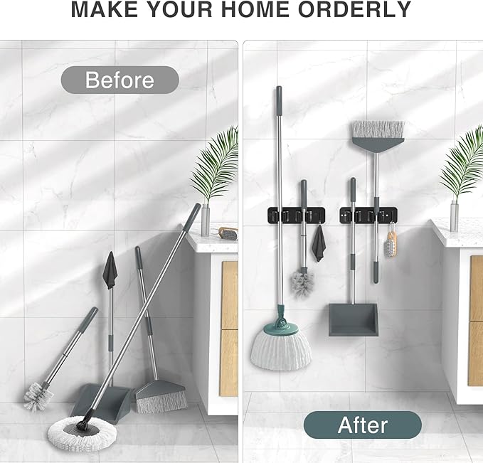 Wall Mount Mop and Broom Holder, Heavy Duty Stainless Steel Organizer Rack with Hooks | 2-Pack, 2-in-1 No Drill & Screw Installation, Black