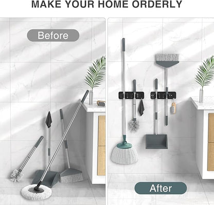 Wall Mount Mop and Broom Holder, Heavy Duty Stainless Steel Organizer Rack with Hooks | 2-Pack, 2-in-1 No Drill & Screw Installation, Black
