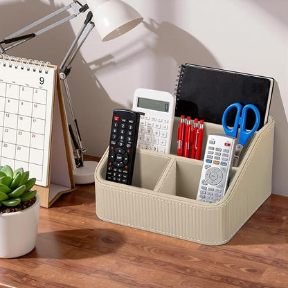 ACUDUDOMA PU Leather Remote Control Organizer Holder, 4-Compartment Small Desk Organizer, All-in-One Desk & Nightstand Caddy for Remotes, Phones, Glasses & Office Accessories
