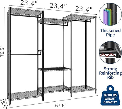 Portable Clothes Rack Heavy Duty Garment Rack, Large Freestanding Closet Wardrobe with Adjustable Shelves & 4 Hanging Rods, Closet Organizer and Storage for Bedroom Cloakroom, 76.5"H x 67.6"L x 15.5"W