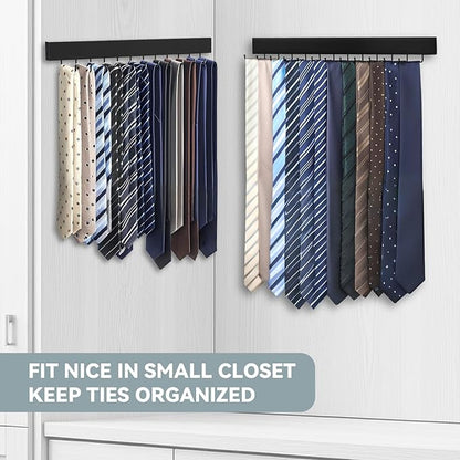 HOMEBROS Tie Rack Wall Mount, Wooden Closet Tie Hanger with 24 Metal Hooks, Large Capacity, Black, 2 Pcs