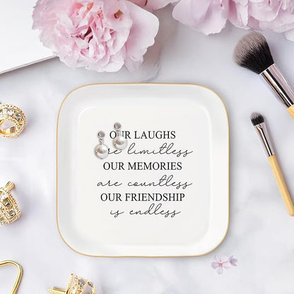 Friend Gifts Trinket Dish for Women, Unique Friendship Gifts, Our Friendship is Endless Ceramic Ring Dish Jewelry Tray for Birthday Christmas Gift for Mom, Sister, Best Friends (Modern-Our Laughs)