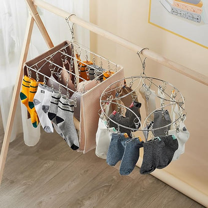 JPORSHU Sock Folding Stainless Steel Sock Drying Rack with 46 Clips,Metal Sock Hangers with Clips，360 DegreesSwivel Hook Wind-Proof Clothes Hanger Rack,for Sock, Bras, Underwear, Laundry Accessories