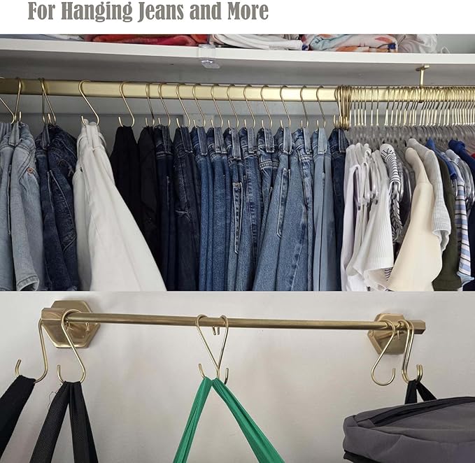 DaylyFav S Hooks, Solid Brass, Round-End Craftsmanship, 7 Pack, Gold - for Kitchen Rack Rail Closet Dorm Hanging Pans Pots Coffee Mugs Jeans Towels Bags Purse
